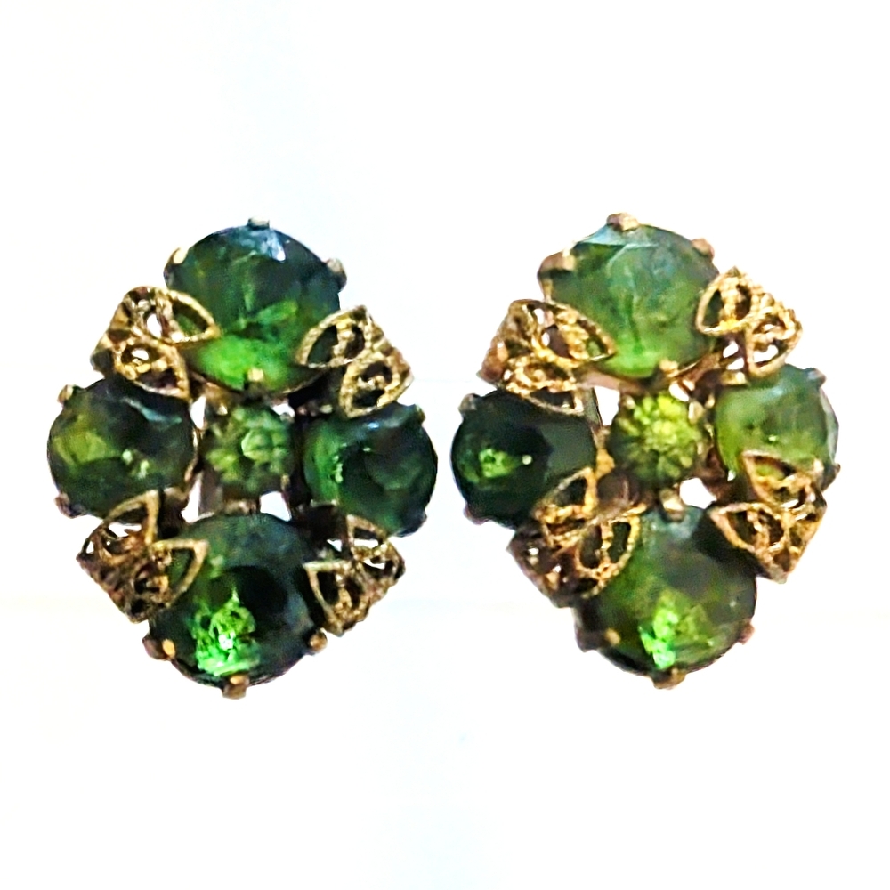 Antique Collectible Signed Czechoslovakia Green & Gold Earrings